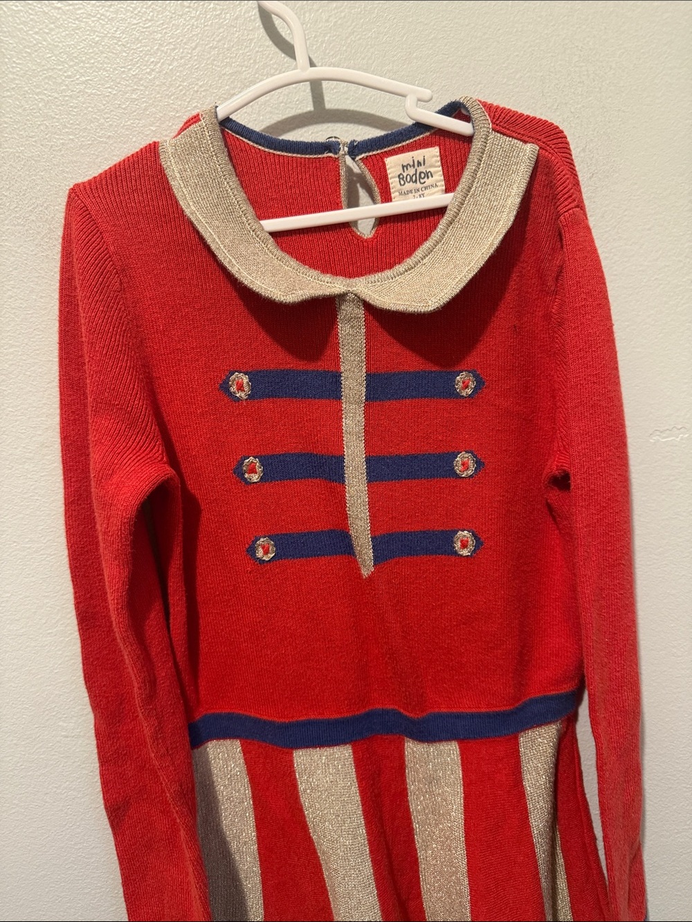 Mini Boden 7 - 8 Years Nutcracker Soldier Red Gold Striped Knit Dress Christmas - Picture 2 of 11